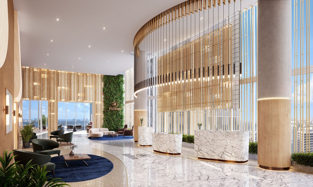 Modern Hilton lobby featuring marble floors, curved reception desks, green armchairs, and a vertical garden wall with city views.