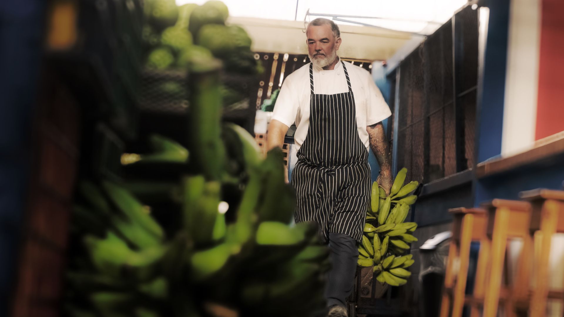 Nicolas Piatti, executive chef, Waldorf Astoria Costa Rica Punta Cacique, striped apron, plantains