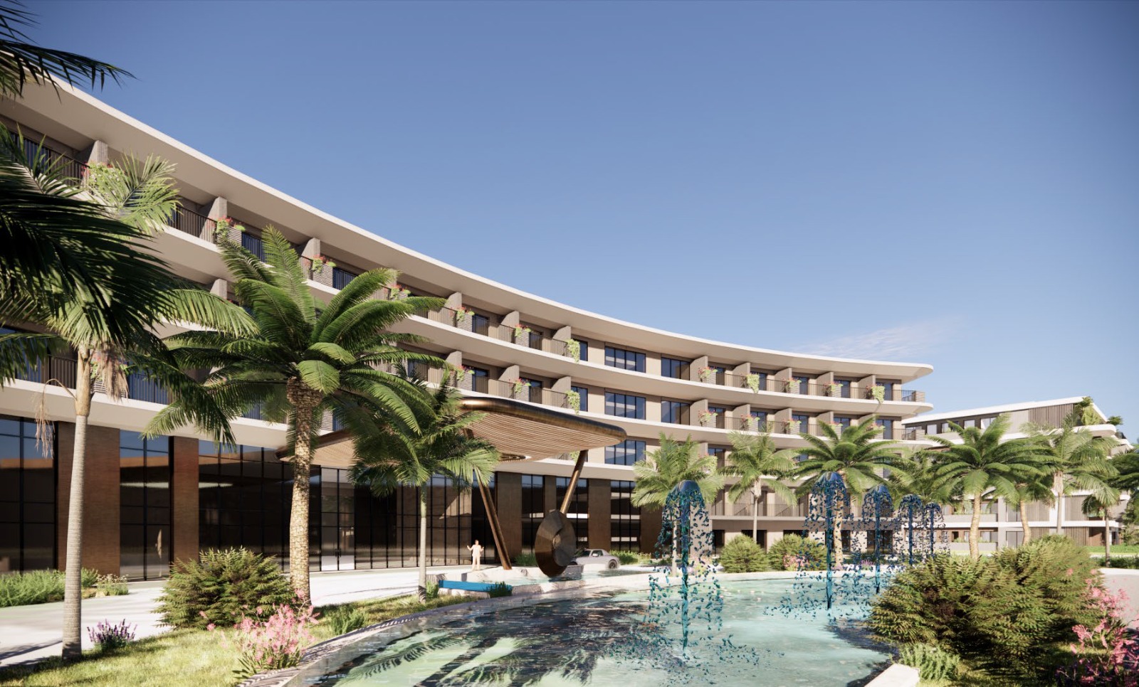 Signia by Hilton Cairo Skywalk Rendering, exterior, palm trees, water fountain