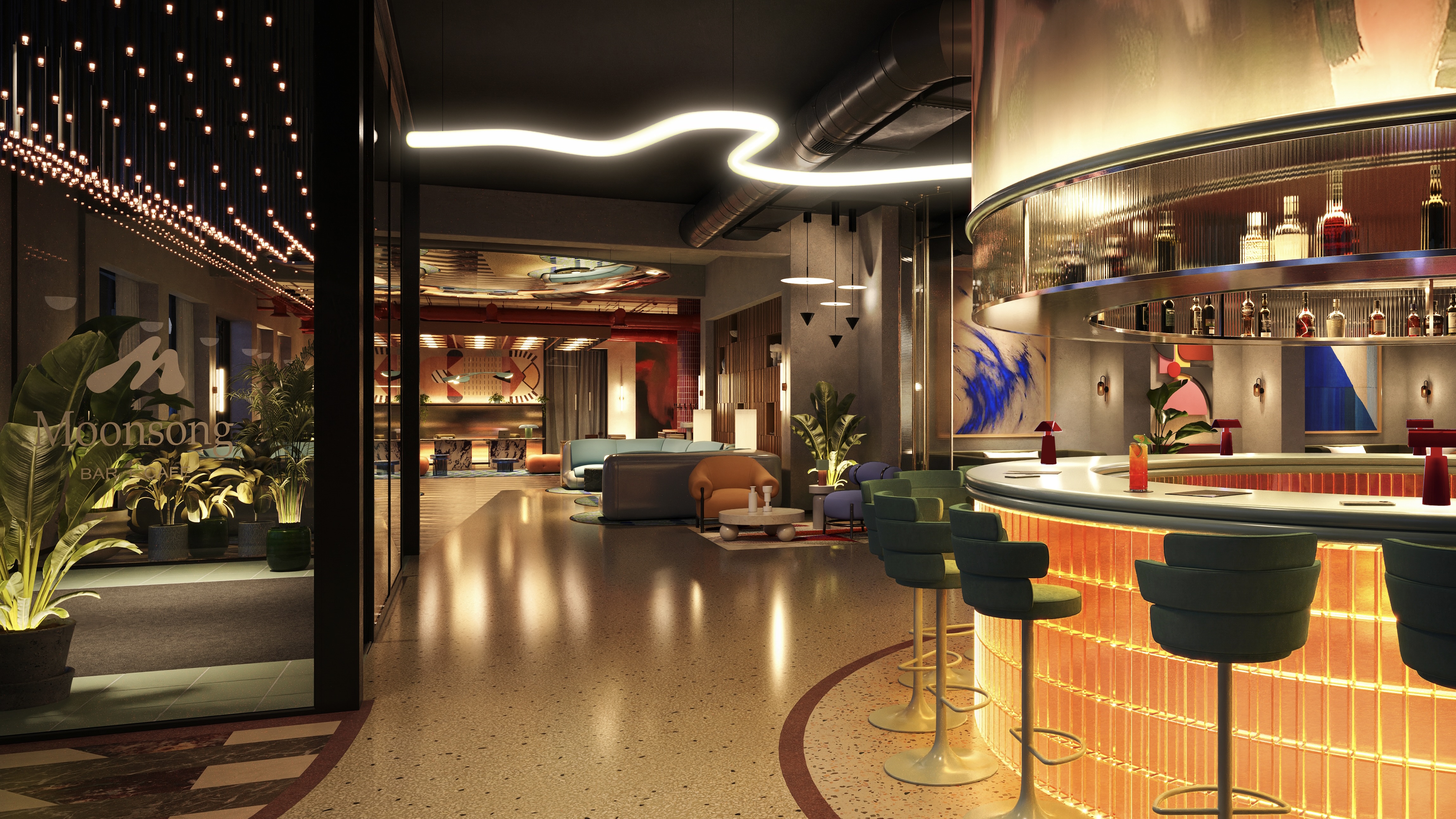 Tempo by Hilton - Bar, colorful bar area at night with neon lighting and seating leading to check in desk area