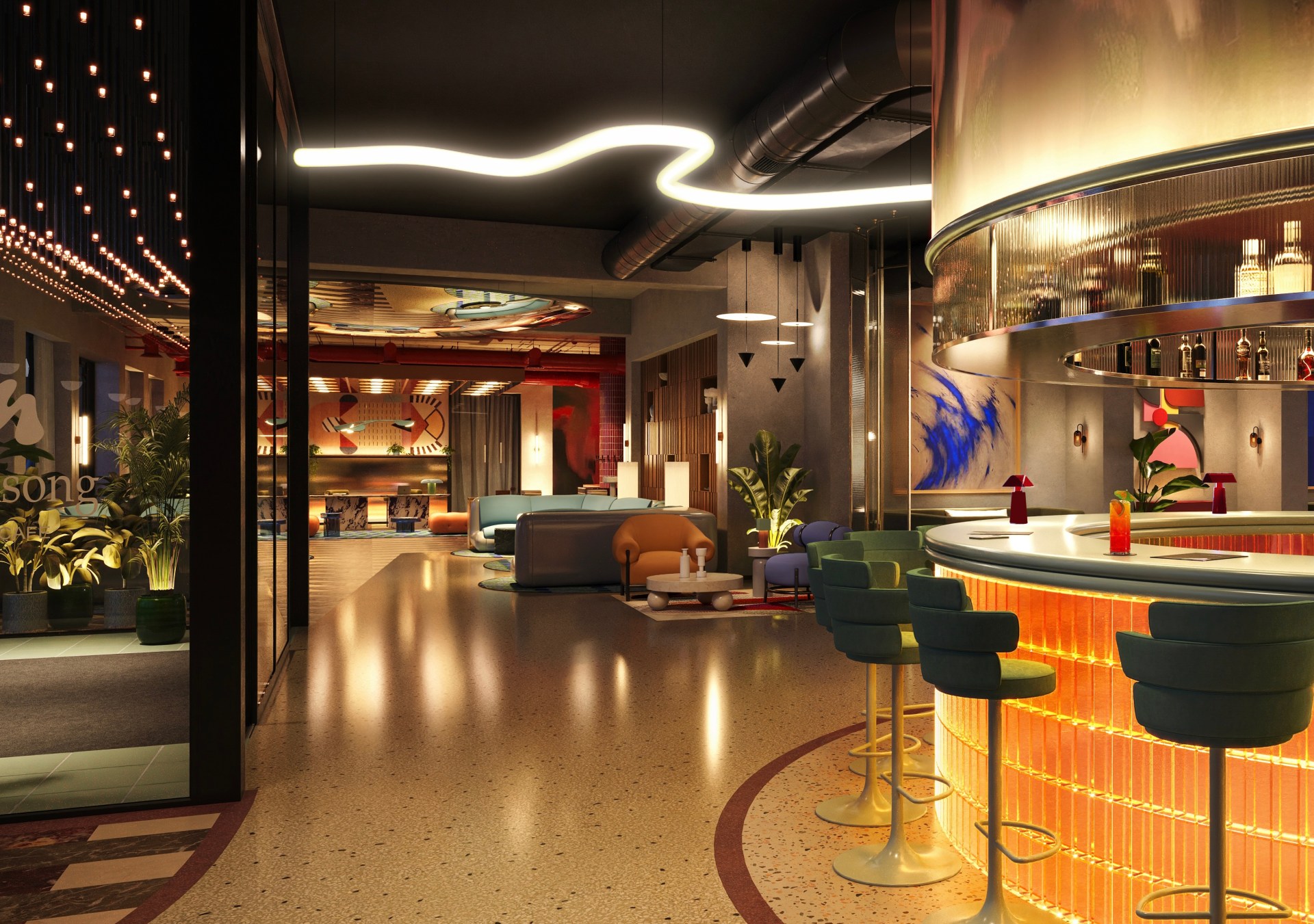 Tempo by Hilton - Bar, colorful bar area at night with neon lighting and seating leading to check in desk area