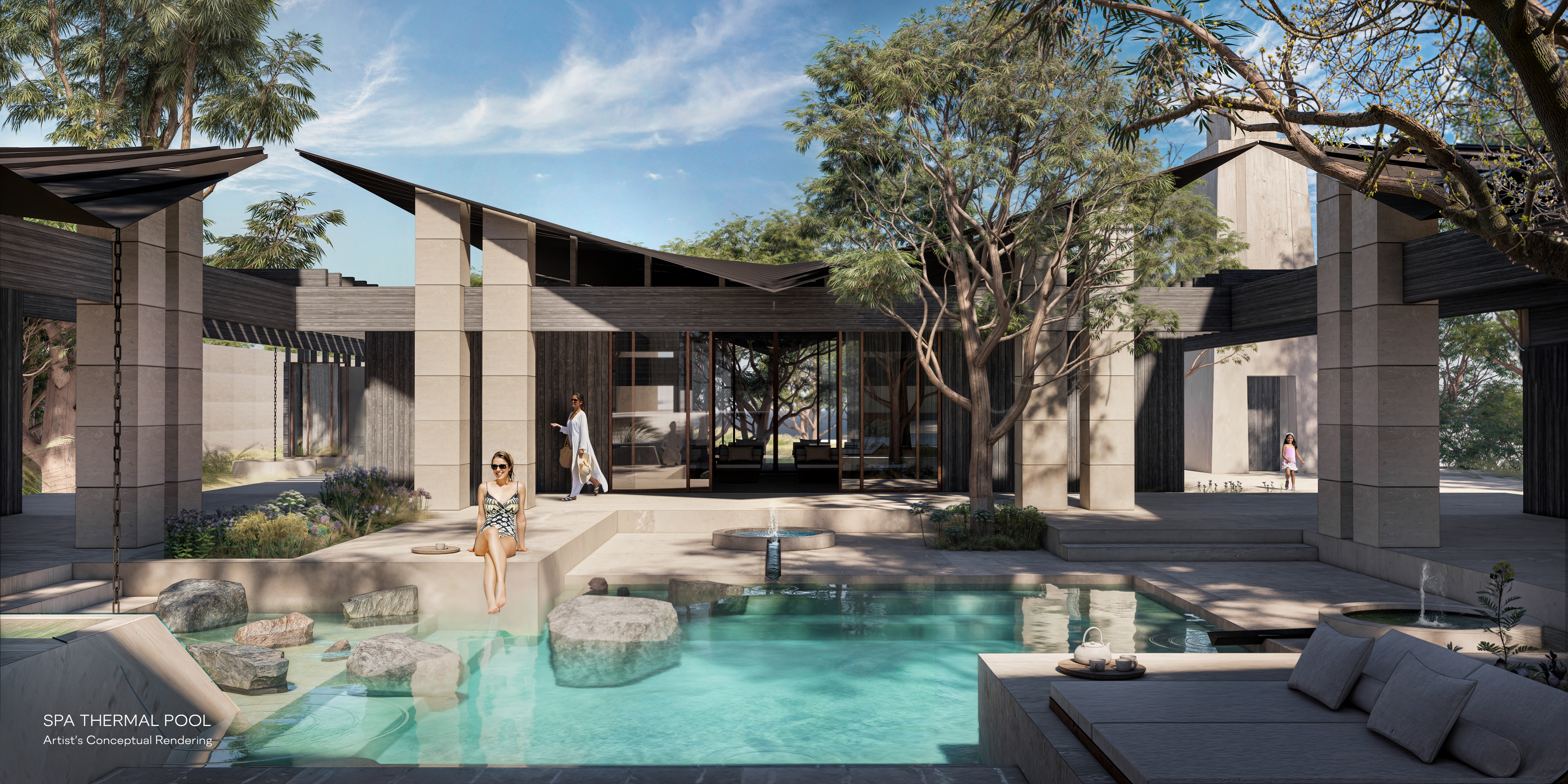 Waldorf Astoria Texas Hill Country Spa, Thermal Pool, Artist's Conceptual Rendering, trees, water fountain