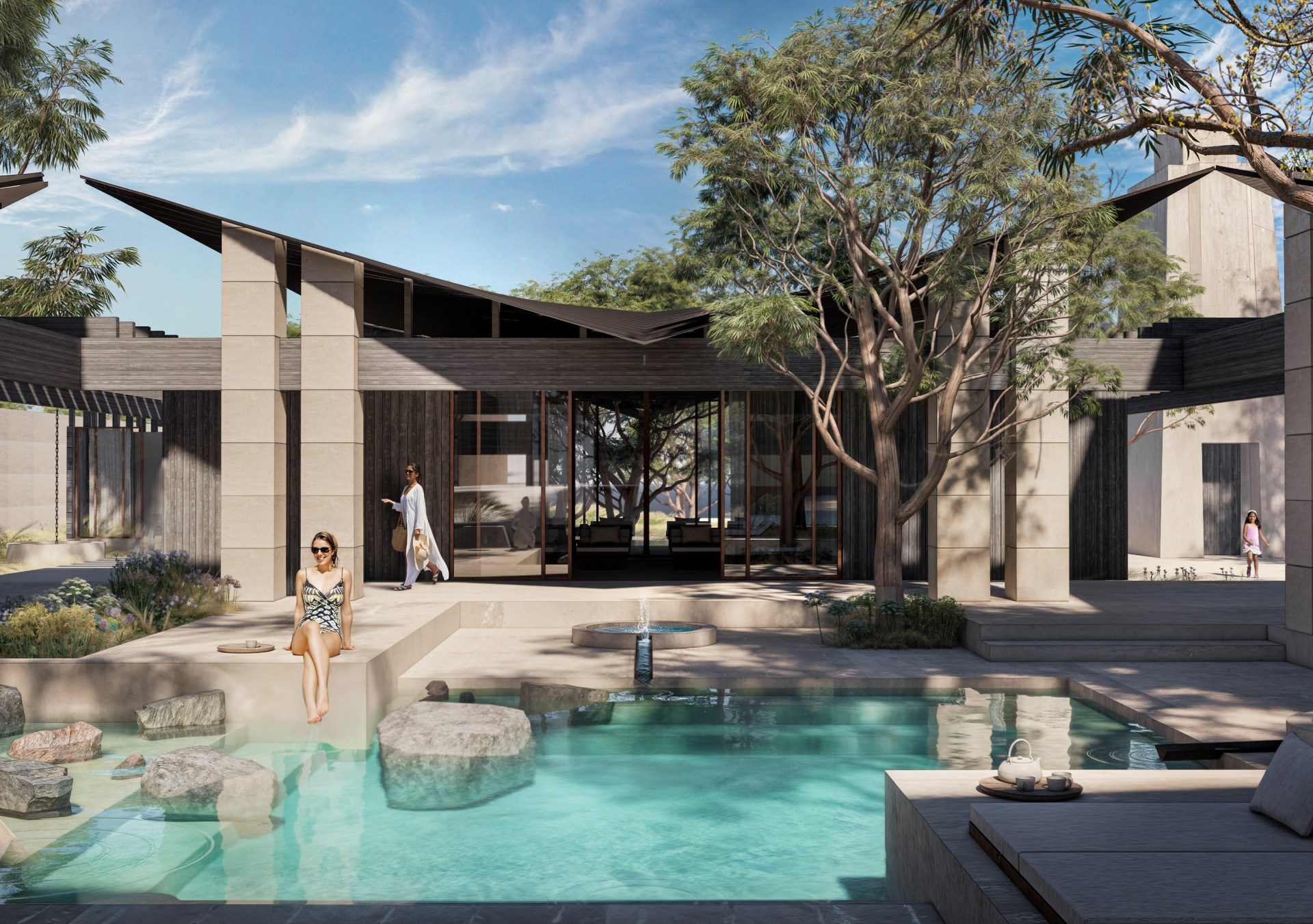 Waldorf Astoria Texas Hill Country Spa, Thermal Pool, Artist's Conceptual Rendering, trees, water fountain