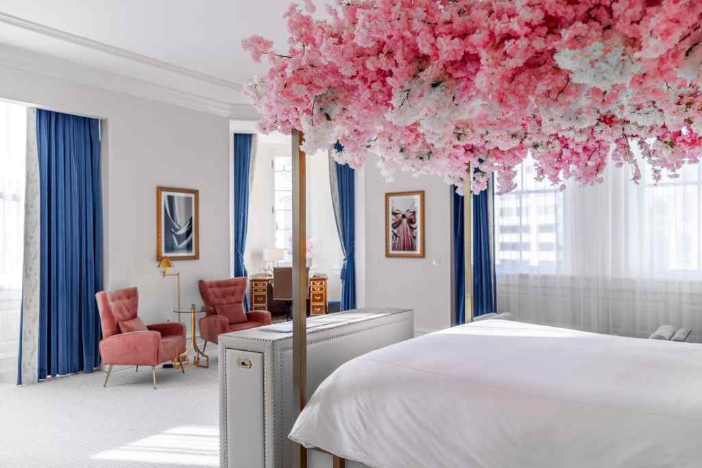 Waldorf Astoria Washington DC, Cherry Blossom Suite, accent chairs, sitting area, side table, hanging framed artwork, desk, desk chair, white bedding, blue curtains