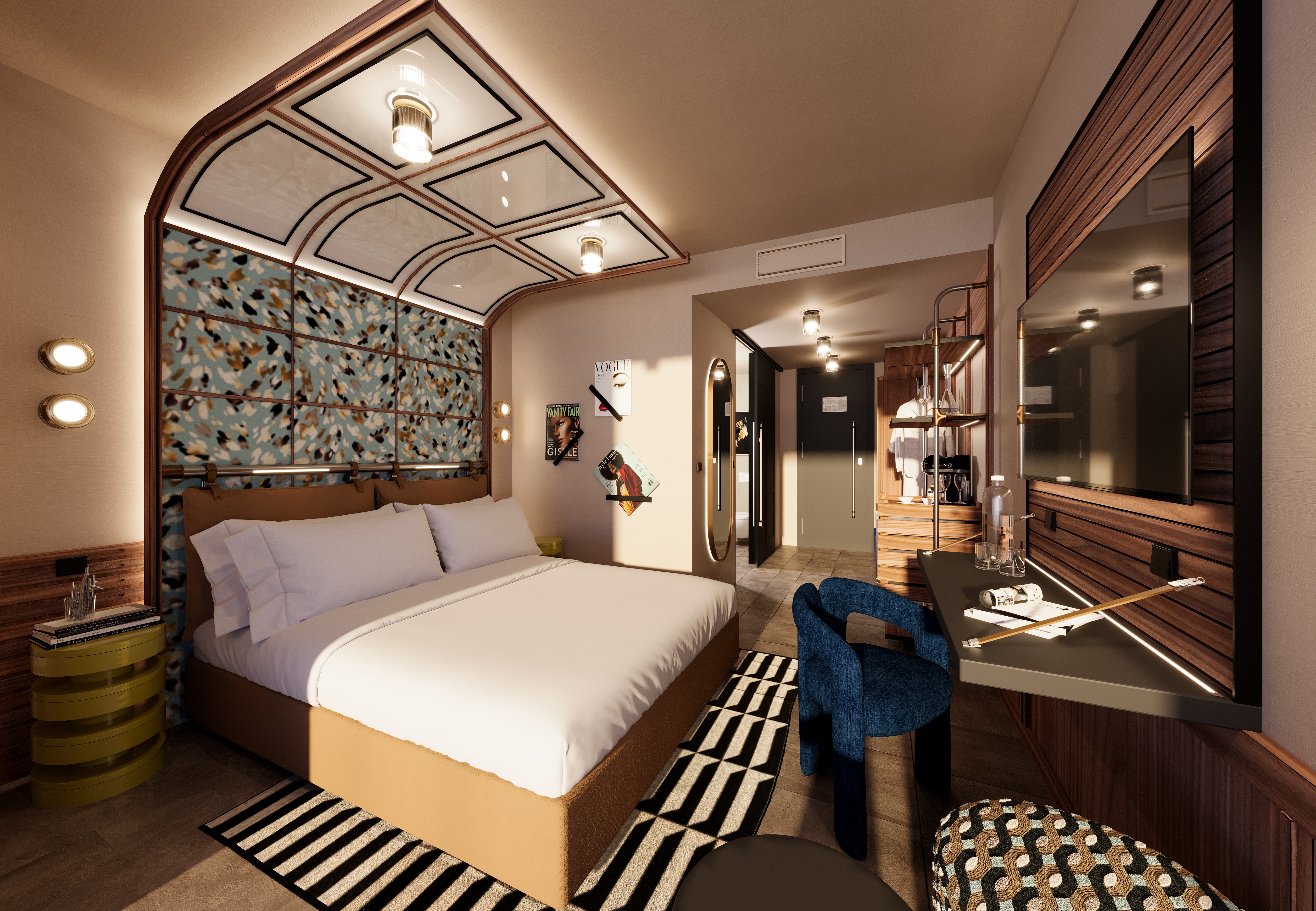 Canopy by Hilton Milan Duomo, Guest Room, magazine wall art, arched headboard, white bedding, black and white design rug, blue accent chair, round nightstand, flush sconce light fixtures