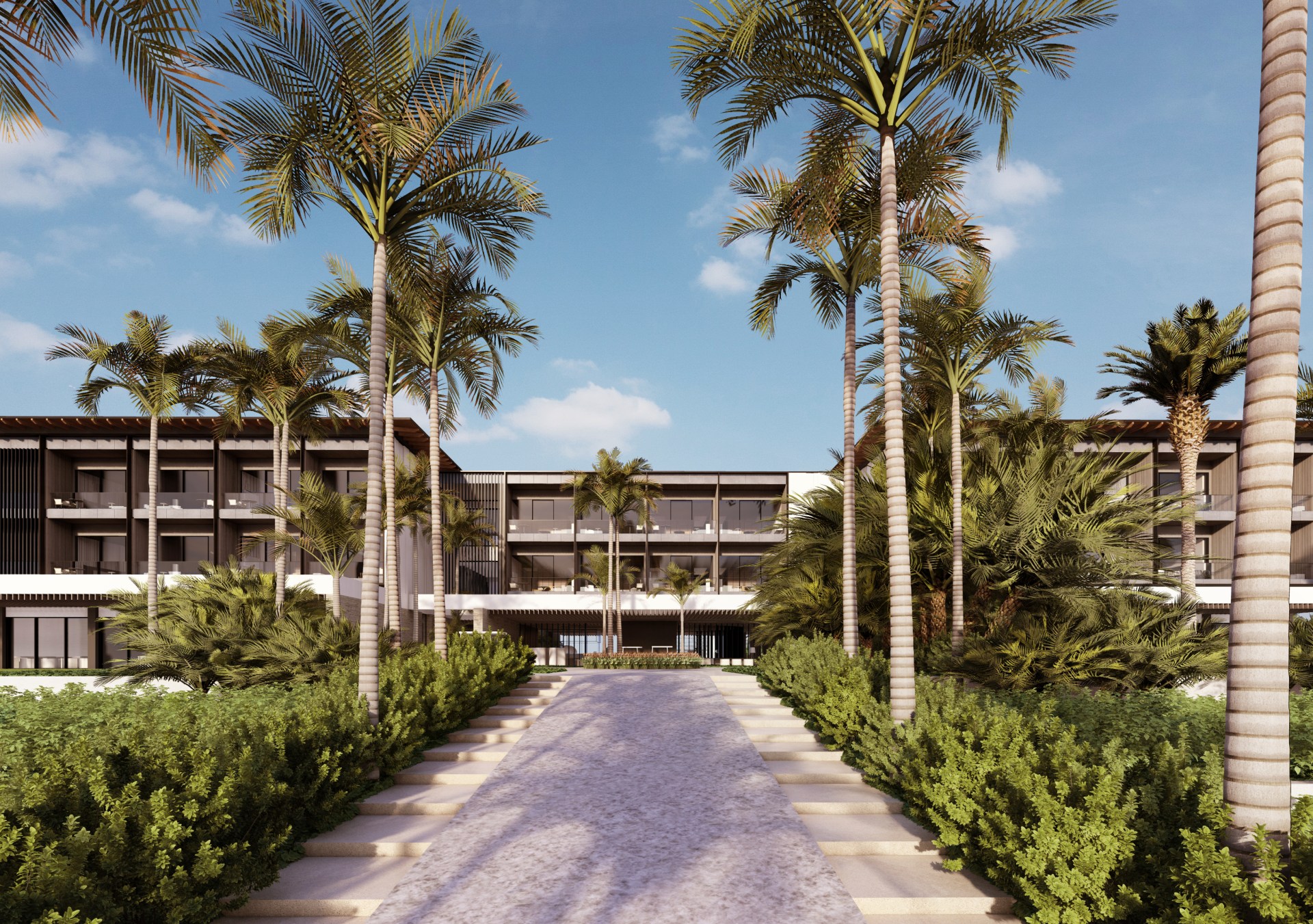 Waldorf Astoria Turks and Caicos Dellis Cay, Exterior, walkway, stairs, palm trees, balcony, green plants