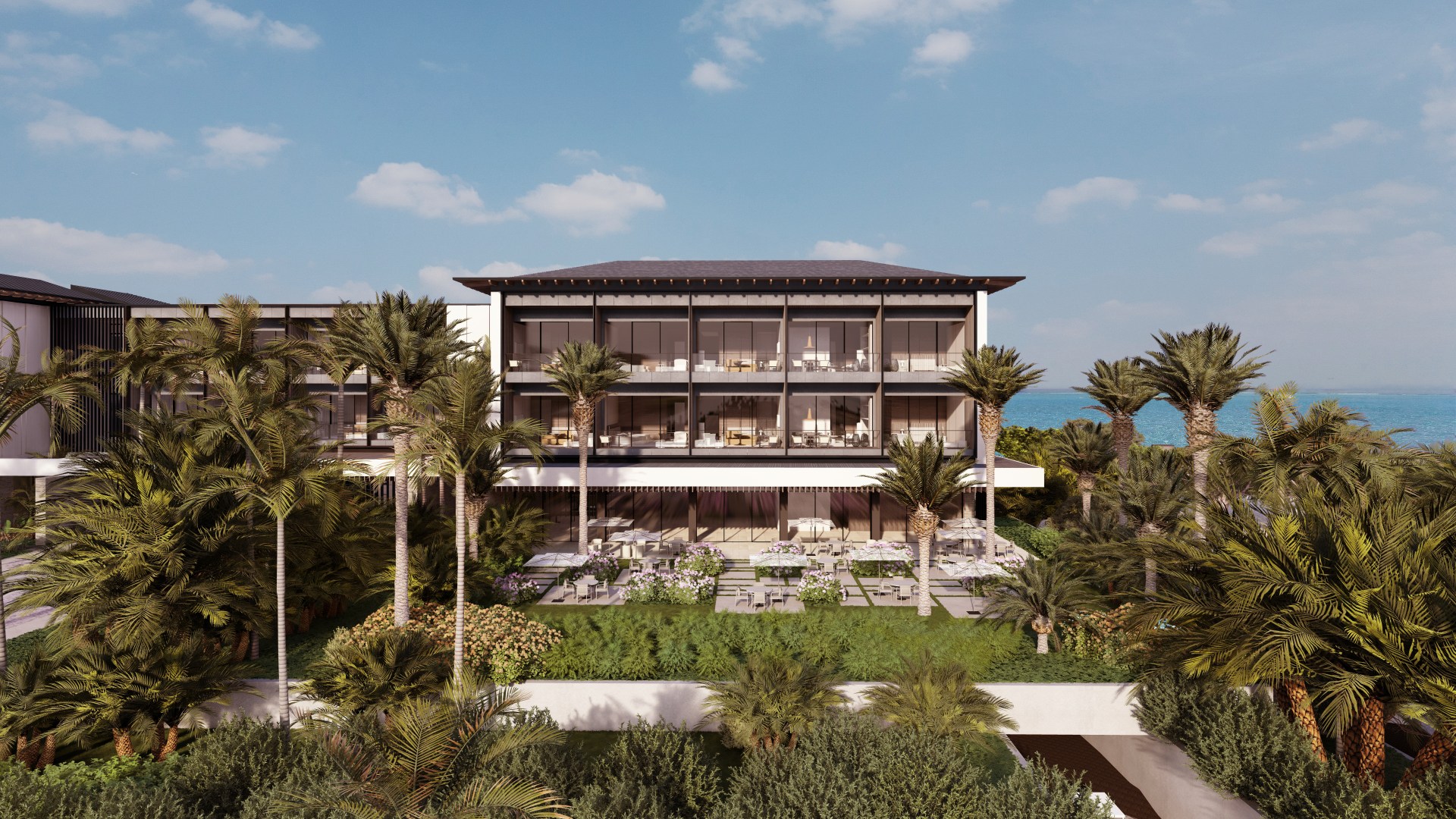 Waldorf Astoria Turks and Caicos Dellis Cay, Exterior, balcony, palm trees, outdoor seating area