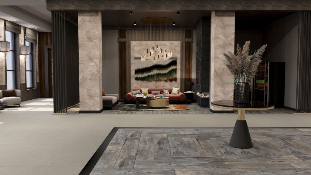 DoubleTree by Hilton Kars Sarikamis Lobby, sitting area with couches and a coffee table with hanging art and a chandelier light, table with pampas plume stems display