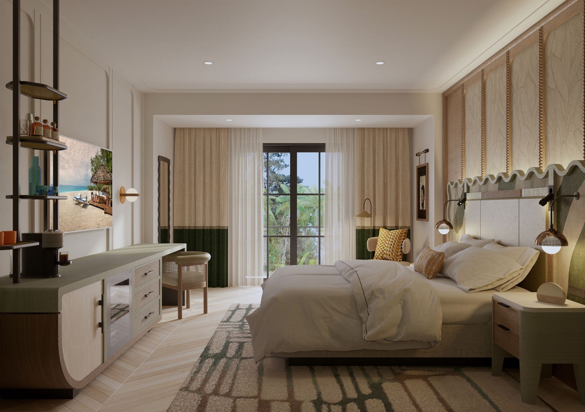 Elephant Tree Resort and Villas Tobago, Tapestry Collection by Hilton - Guest Room Rendering, bedroom with bed and decorative headboard, sidetables, tv, coffee bar area, chairs, mirror