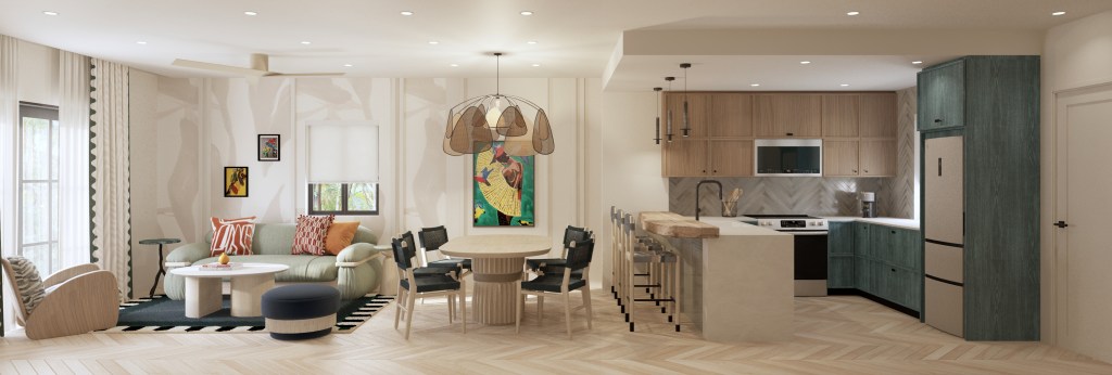 Elephant Tree Resort and Villas Tobago Tapestry Collection by Hilton Residences Rendering, living room and kitchen area with full kitche, bar with stools, tables and chairs, and couch tabel and chairs