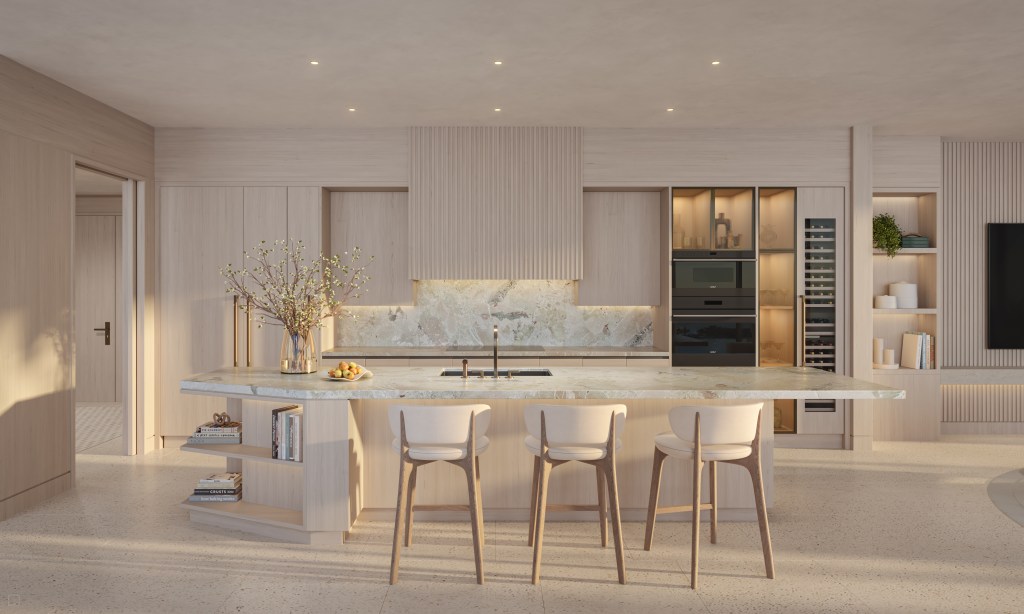 Waldorf Astoria Residences St. Petersburg Kitchen, Plants in a vase on the counter, nested shelves in kitchen, wine cooler in kitchen, kitchen island with nested shelves a sink and three stools