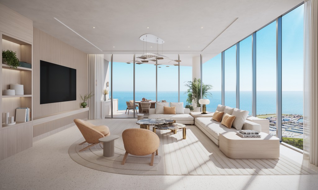 Waldorf Astoria Residences St. Petersburg Living Room, Couches in living room next to windows with view of the water, outdoor balcony terrace seating area with potted plants, nested coffee table with two accent chairs and a end table