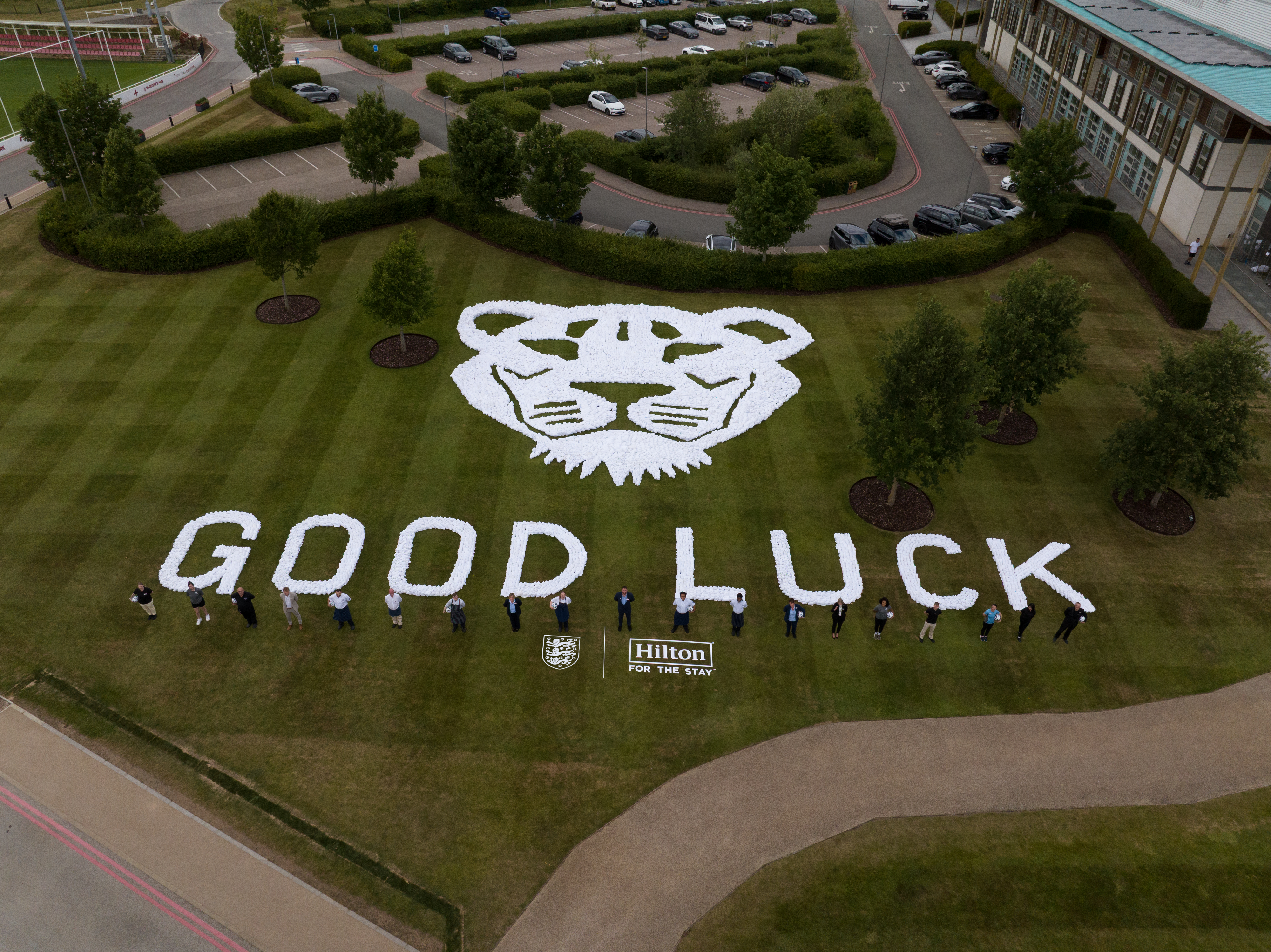 aerial view of the team members with the towel art send off created at Hilton at St George's Park for Lionesses by Hilton, Official Hotel Partner of the England Teams