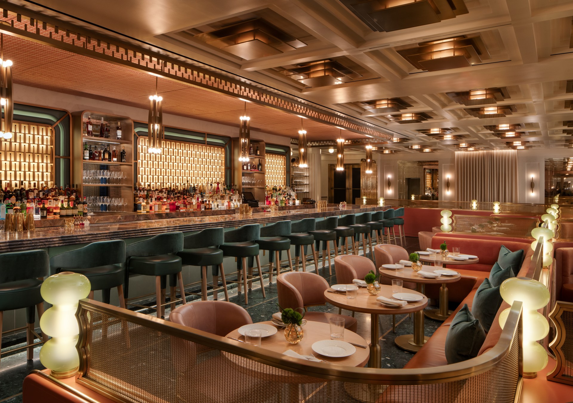 Waldorf Astoria New York Lex Yard Credit Waldorf Astoria New York, American brasserie, casually elegant dining room and lively bar, green bar stools, colorful dining seating area