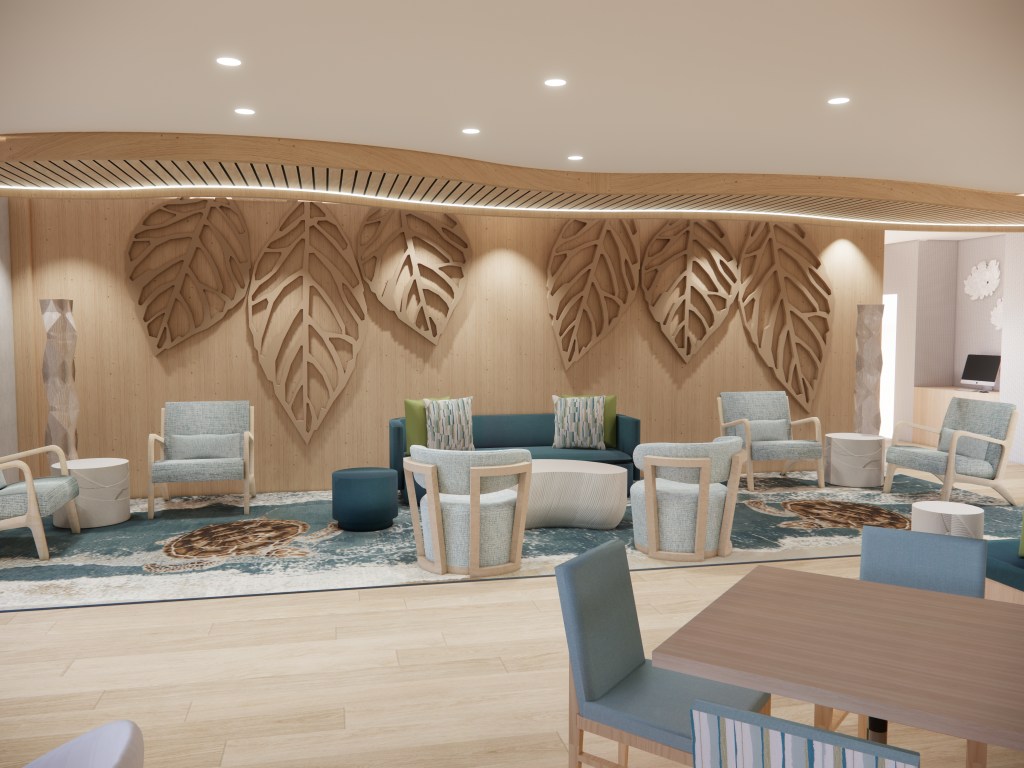 Hampton by Hilton St. Thomas - Lounge Rendering - light wood wall with leaf pattern, a variety of seating in shades of teal and blue