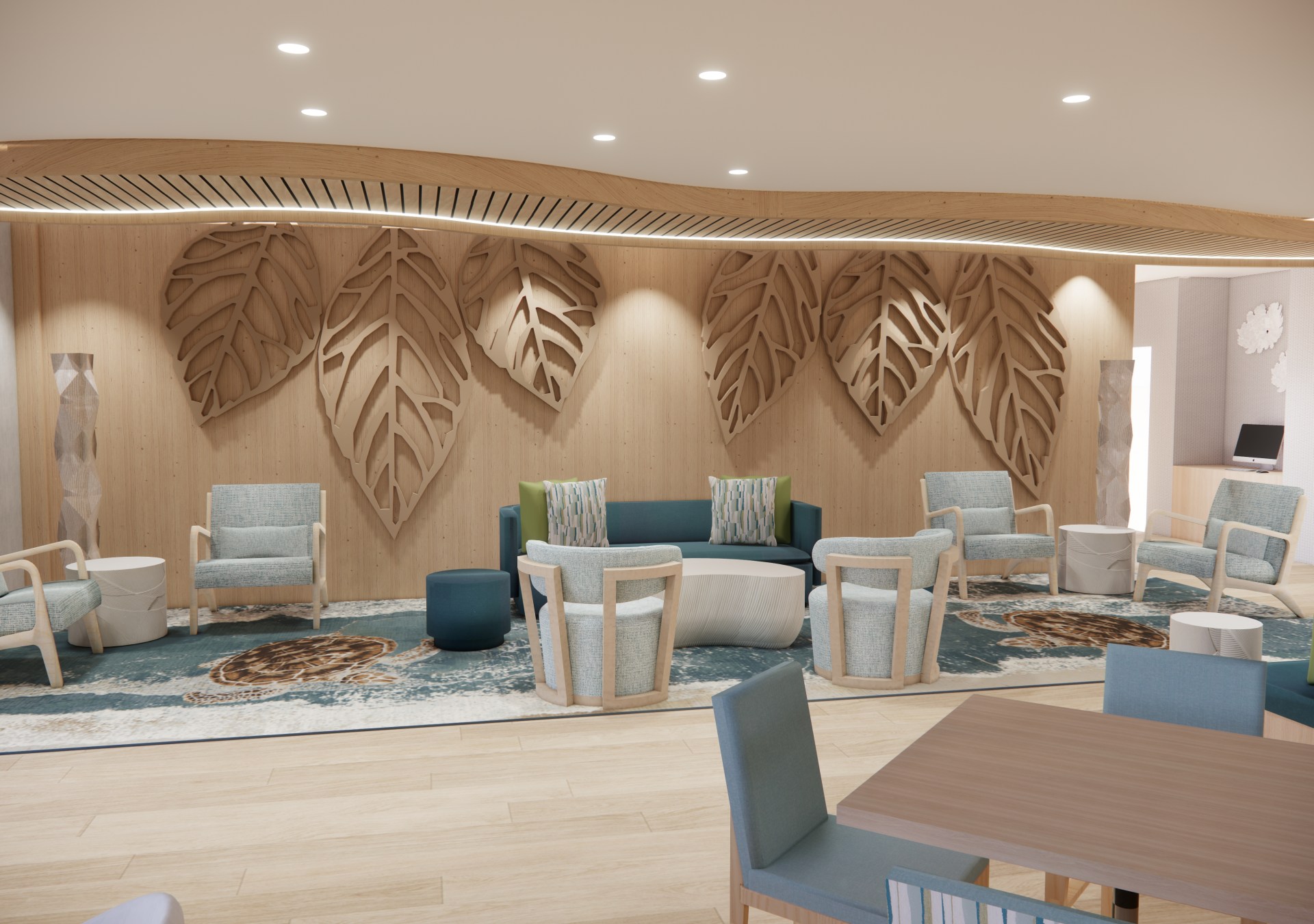 Hampton by Hilton St. Thomas - Lounge Rendering - light wood wall with leaf pattern, a variety of seating in shades of teal and blue