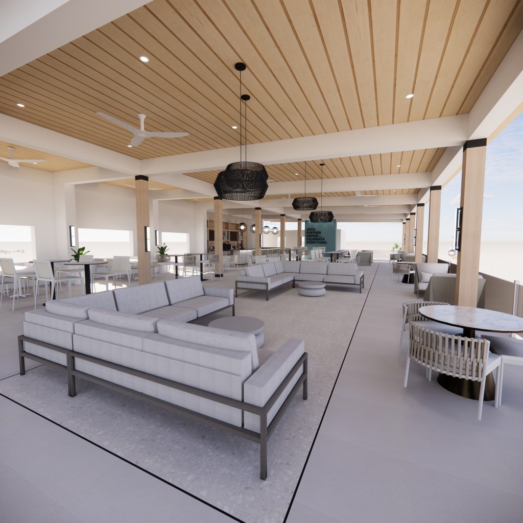 Hampton by Hilton St. Thomas Patio lounge rendering - seating area couches with a table next to chairs with round tables with white ceiling fans and black pendant light fixtures