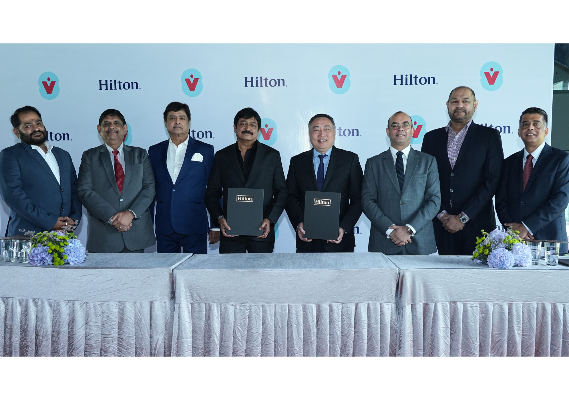 Hilton strengthens its presence in Hyderabad with the signing of second Hilton Hotels & Resorts in the city - (L-R): Mr. Ramkumar, partner, Shree Venkateshwara Group; Mr. Sailesh Mathur, group general manager, Shree Venkateshwara Group; Mr. R Rajaratnam, partner, Shree Venkateshwara Group; Mr. R Venkata Ramna, managing partner, Shree Venkateshwara Group; Clarence Tan, senior vice president, development, Asia-Pacific, Hilton; Zubin Saxena, senior vice president & regional head, South Asia, Hilton; Shravan Kumar, partner, Shree Venkateshwara Group; Jacob Purackal, senior director, development, South Asia, Hilton