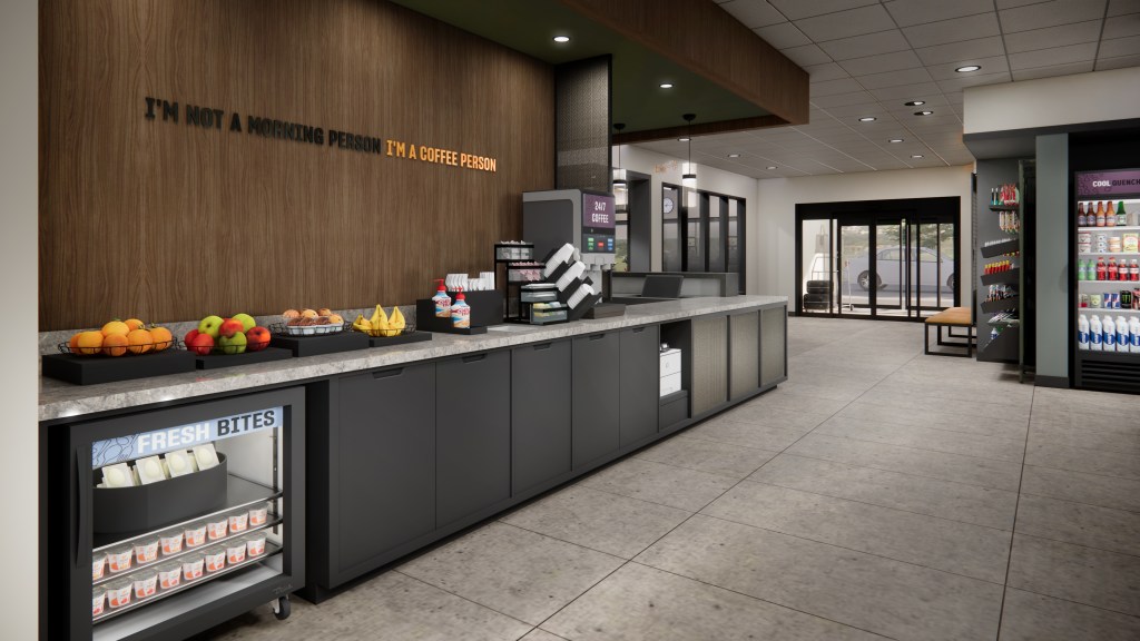 LivSmart Studios by Hilton - Breakfast Area with fruit station, coffee station, a yogurt and egg minifridge