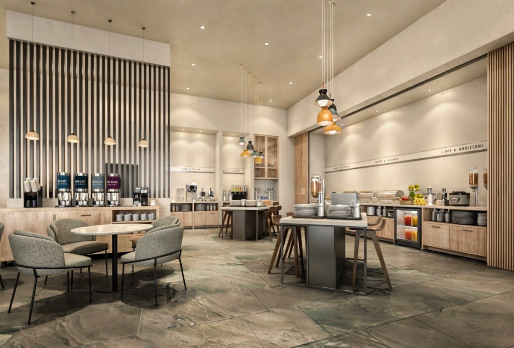Buffet-style breakfast setup with tables and food stations.