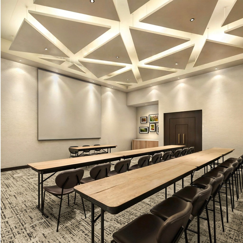 Conference room with long tables, chairs, and projector screen.