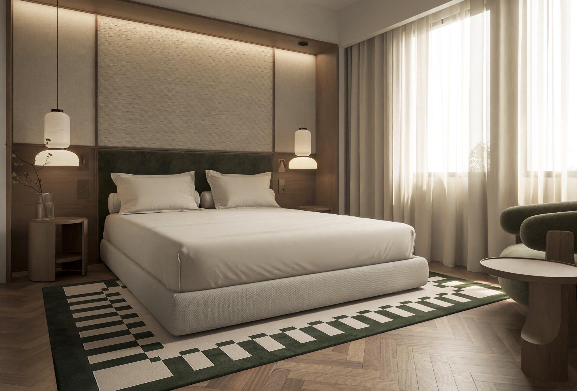 A cozy room with bed and chair