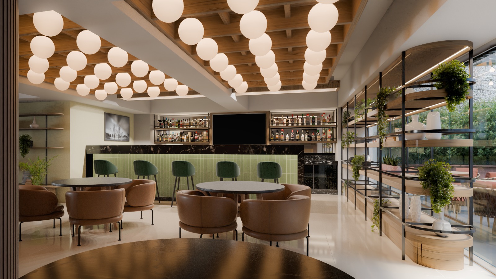 A bar with tables and leather chairs