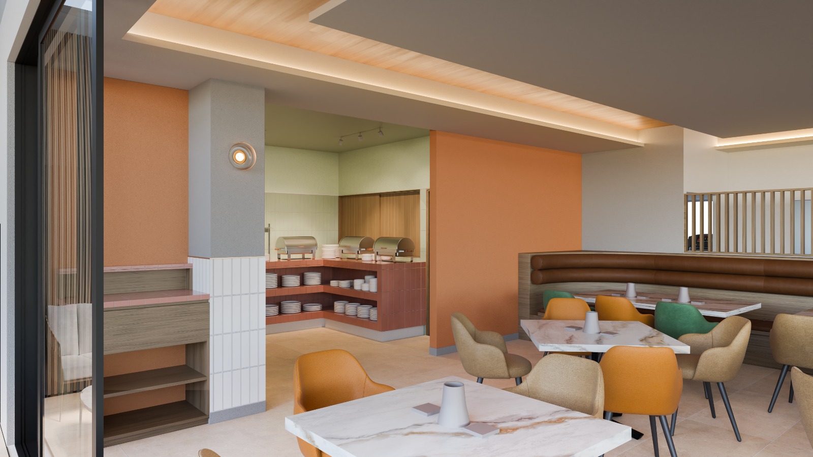 A dining area with various seating options, with breakfast buffet in the background