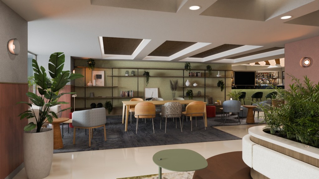 The lobby of the Hilton Garden Inn Mexico City Polanco decorated with many plants, with various seating areas including a table with chairs around.