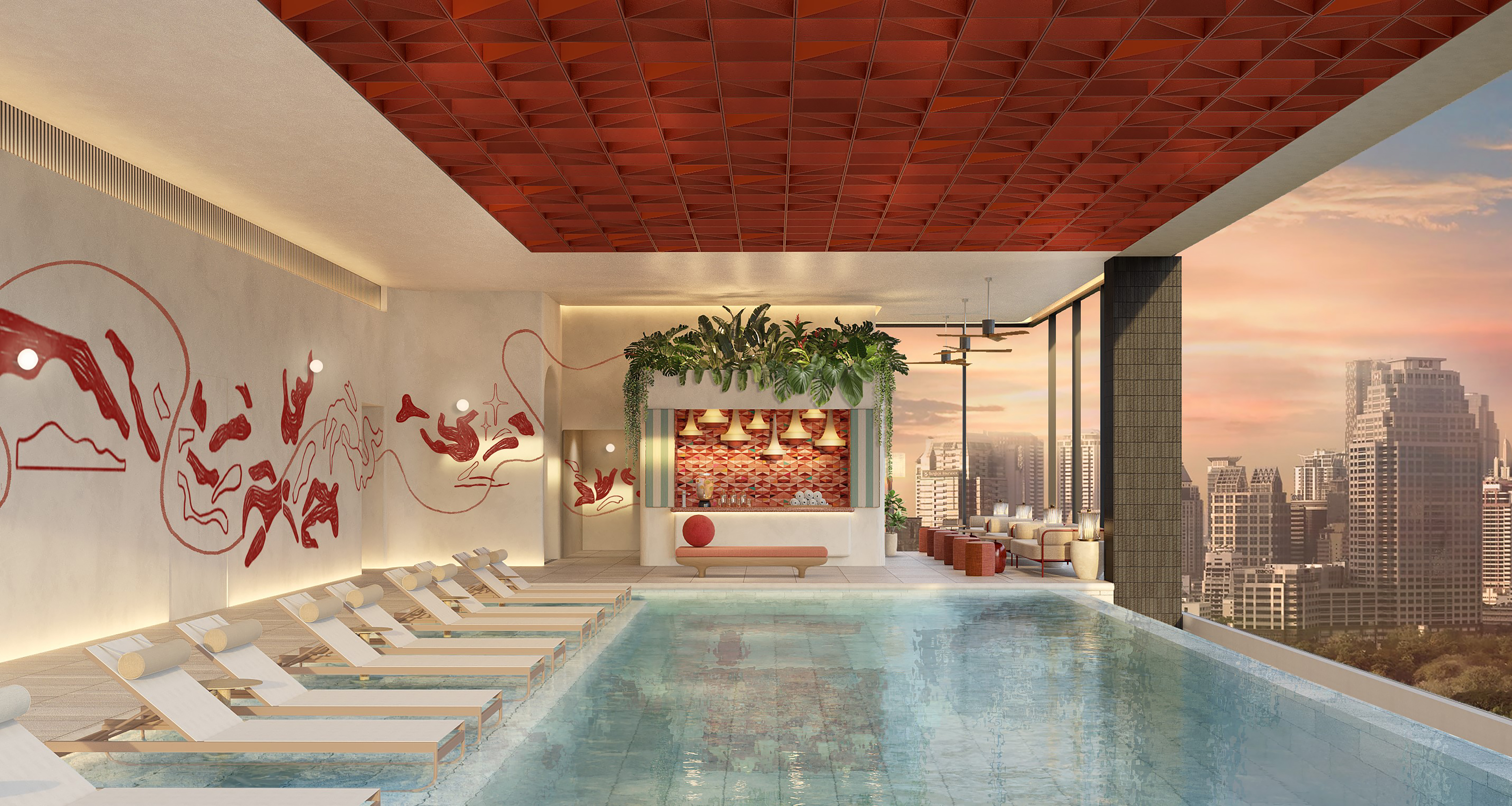rendering of pool area at with pool and chairs overlooking the city skyline and red ceiling at KROMO Bangkok, Curio Collection by Hilton