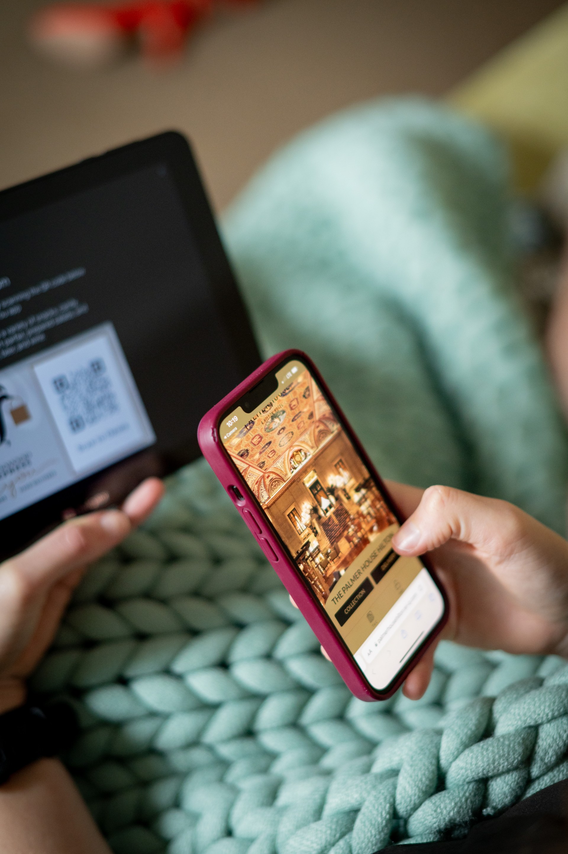 Palmer House, a Hilton Hotel, person scanning QR code with phone