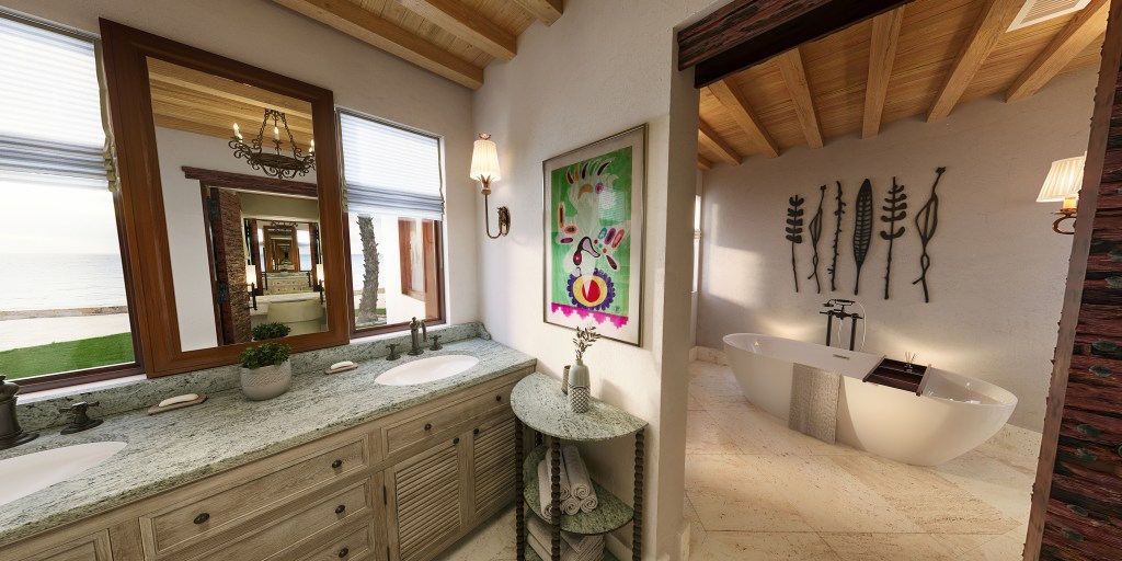 Waldorf Astoria Los Cabos Pedregal - Beachfront Suite - Bathroom, off white walls, wood accents, two sinks, large tub, windows looking out to ocean, colorful artwork