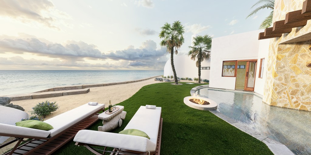 Waldorf Astoria Los Cabos Pedregal - Beachfront Suite - Pool, grass, sand, beach lounge chairs overlooking ocean, palm trees