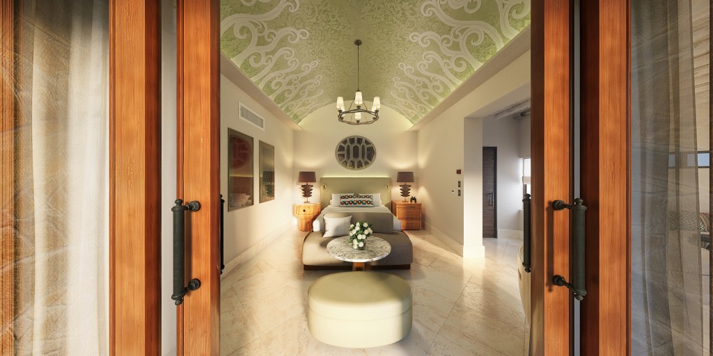 Waldorf Astoria Los Cabos Pedregal - Beachfront Suite - looking through wood and glass doors into bedroom with green ceiling, bed, nightstands, table, green accents