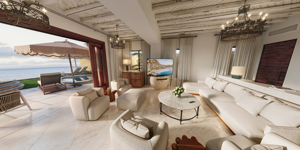 Waldorf Astoria Los Cabos Pedregal - Presidential Suite - Living, large white sofa, chairs, television, chandelier, open out to private pool area