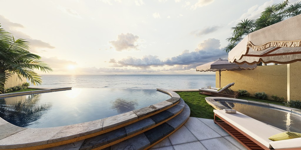 Waldorf Astoria Los Cabos Pedregal - Presidential Suite - pool overlooking ocean, cream umbrellas, green grass, pool lounge chairs