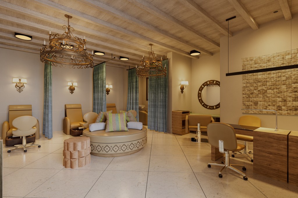 Waldorf Astoria Los Cabos Pedregal Spa Salon, chandelier, round bench seat with decorative throw pillows, round mirror hung on wall, high ceiling curtain separators, seats on wheels, seats with high back, wall sconce light fixtures with shades