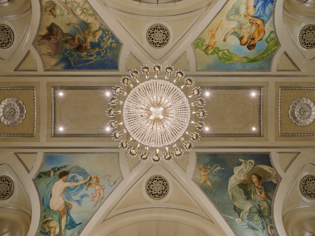 Waldorf Astoria New York Silver Corridor Hilton, mural ceiling painting, chandelier