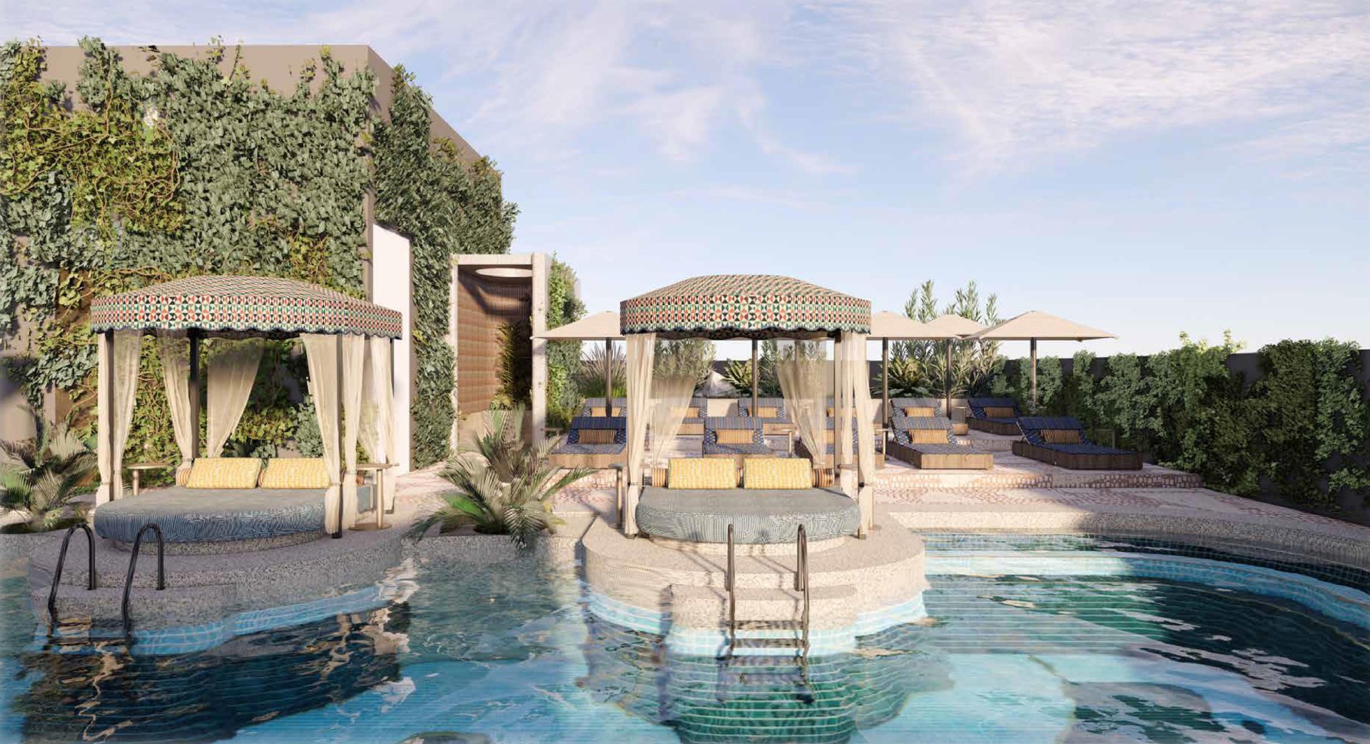 Cabanas and lounge chairs by the pool