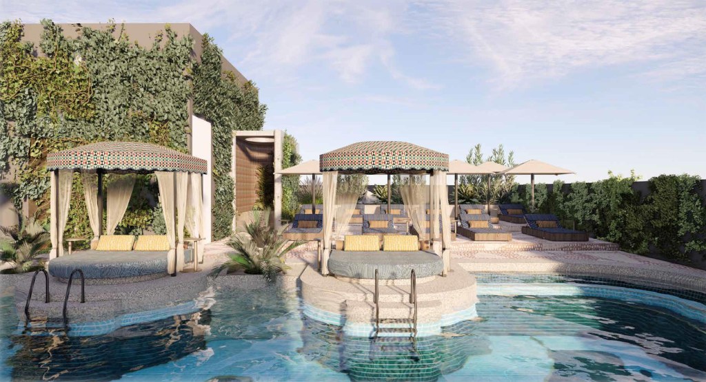 Cabanas and lounge chairs by the pool