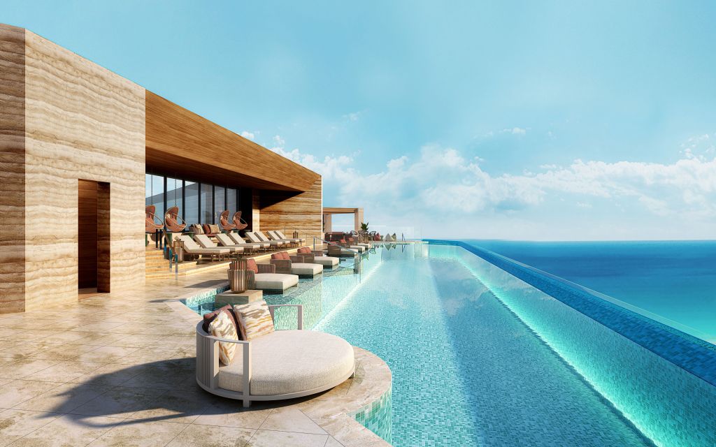 Canopy by Hilton Okinawa Miyako Island Resort - Pool rendering, infinity pool overlooking water, lounge chairs and building