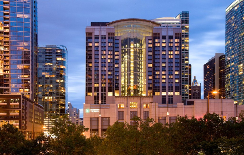 Embassy Suites Chicago Downtown Magnificent Mile exterior at night