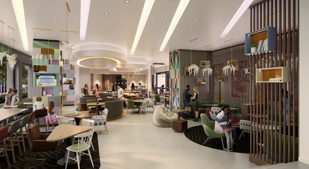 Hampton by Hilton Lisbon City Centre Baixa - Social Space rendering, people gathered in large open space with seating areas, colorful walls and unique lighting fixtures