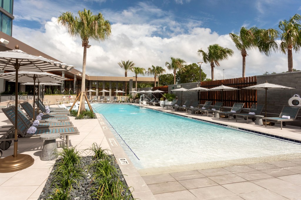 A long rectangular pool surrounded by lounge chairs, umbrellas, and palm trees.