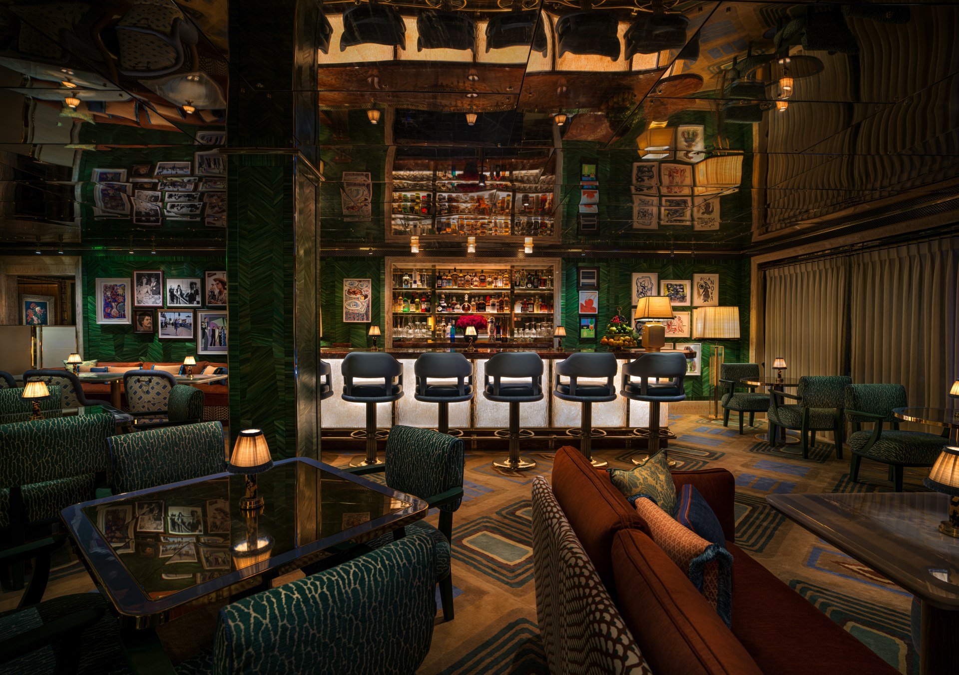 The bar area with various cozy seating options
