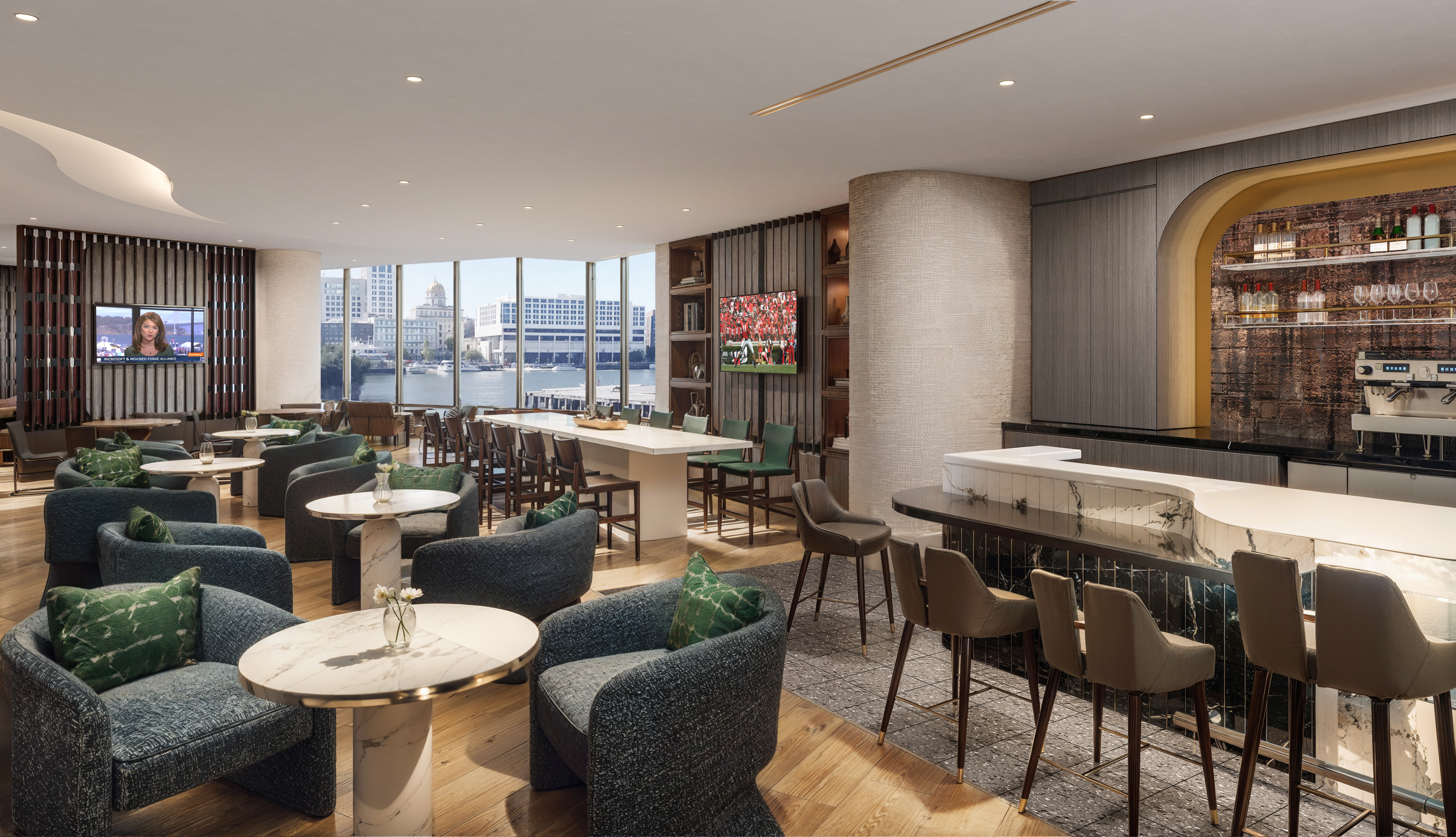 A bar with various seating options, and a window in back looking over the Savannah River