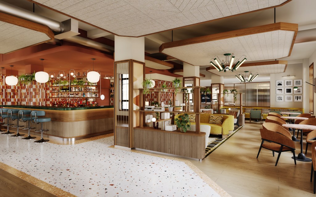 A bar with various seating options including couches and small tables with chairs.