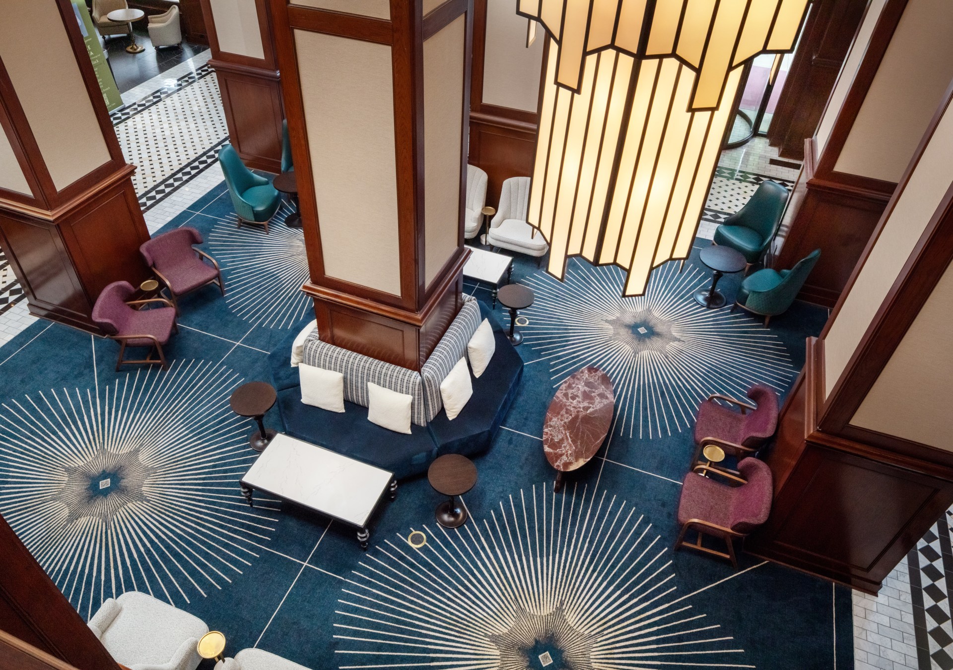 an overhead shot of the various seating areas between the columns of the lobby