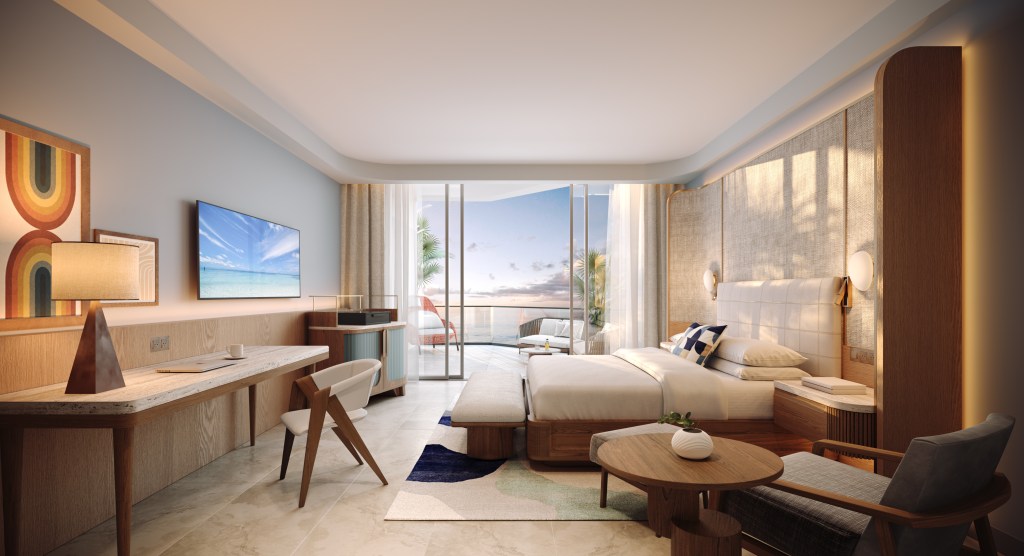 The Westerly, Hilton Aruba Caribbean Resort & Casino - King Guest Room Rendering - guest room with bed, table, chairs, desk, television, open glass doors leading out to balcony overlooking the water and palm trees