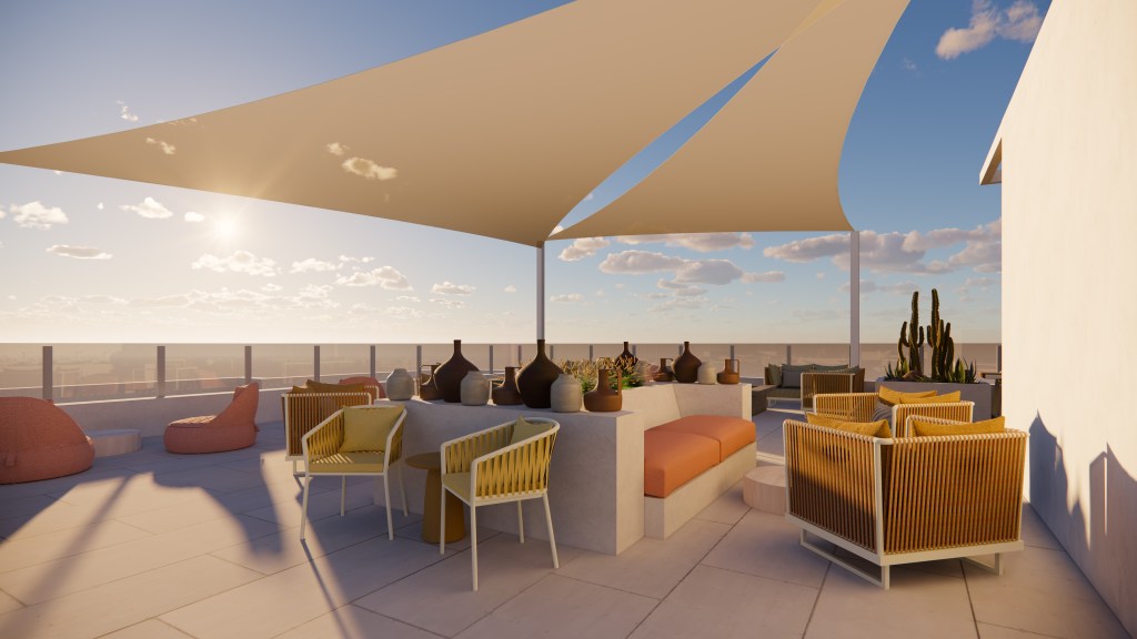 The Westerly, Hilton Aruba Caribbean Resort &amp; Casino - Rooftop Rendering - colorful yellow chairs and orange seating areas, shade canopy, decor with cactus plant and decorative jugs